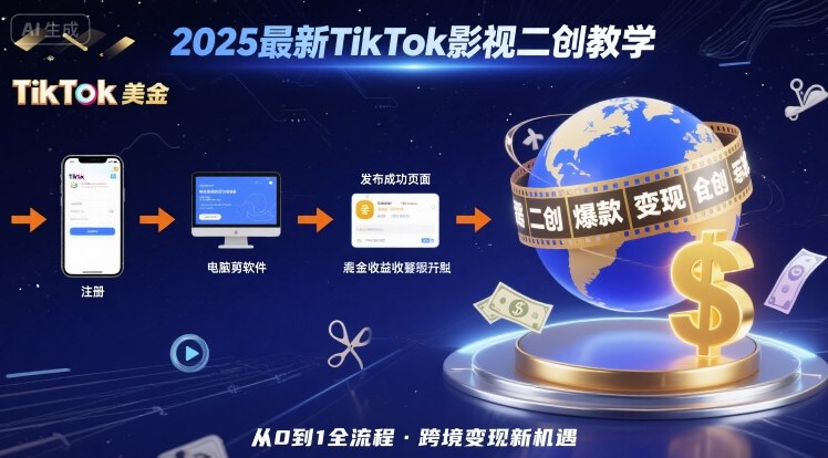 TikTok影视二创教学，从注册到发布撸美金全流程，跨境变现新机遇-AI创作学习-提示词应用-短视频玩法灵卓AI学习网